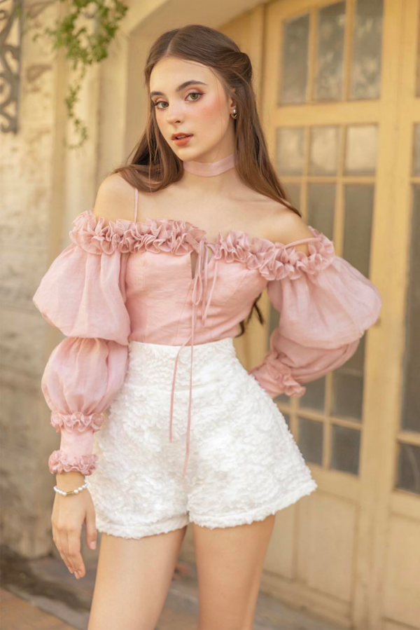 Rosy Blouse and Lace Shorts Set