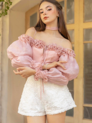 Rosy Blouse and Lace Shorts Set